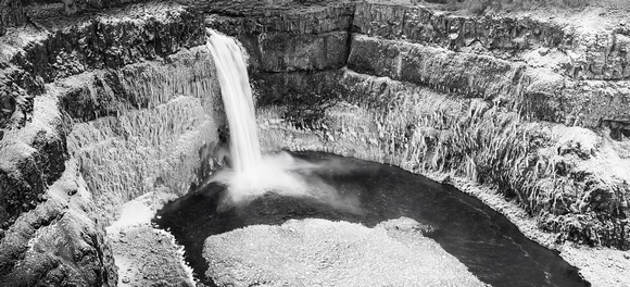 Icy Palouse Falls Panorama - Black and White